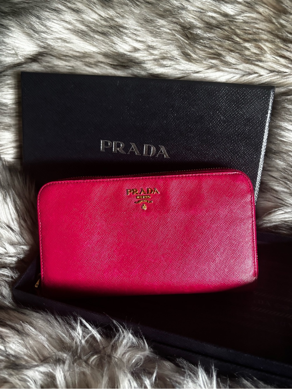 Prada Zip-Around Saffiano Leather Wallet in Bright Pink with Gold Logo